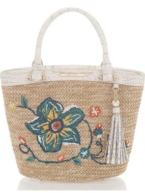 Brahmin Medium Bowie Natural Dixon (Tan and Cream) Floral Straw/Leather Tote
